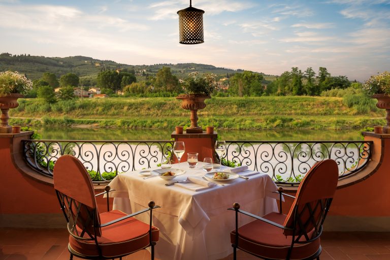 Villa La Massa Verrocchio dinner set up - Table Arno view