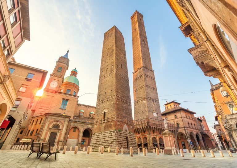 Two famous falling towers Asinelli and Garisenda, Bologna, Emilia-Romagna,