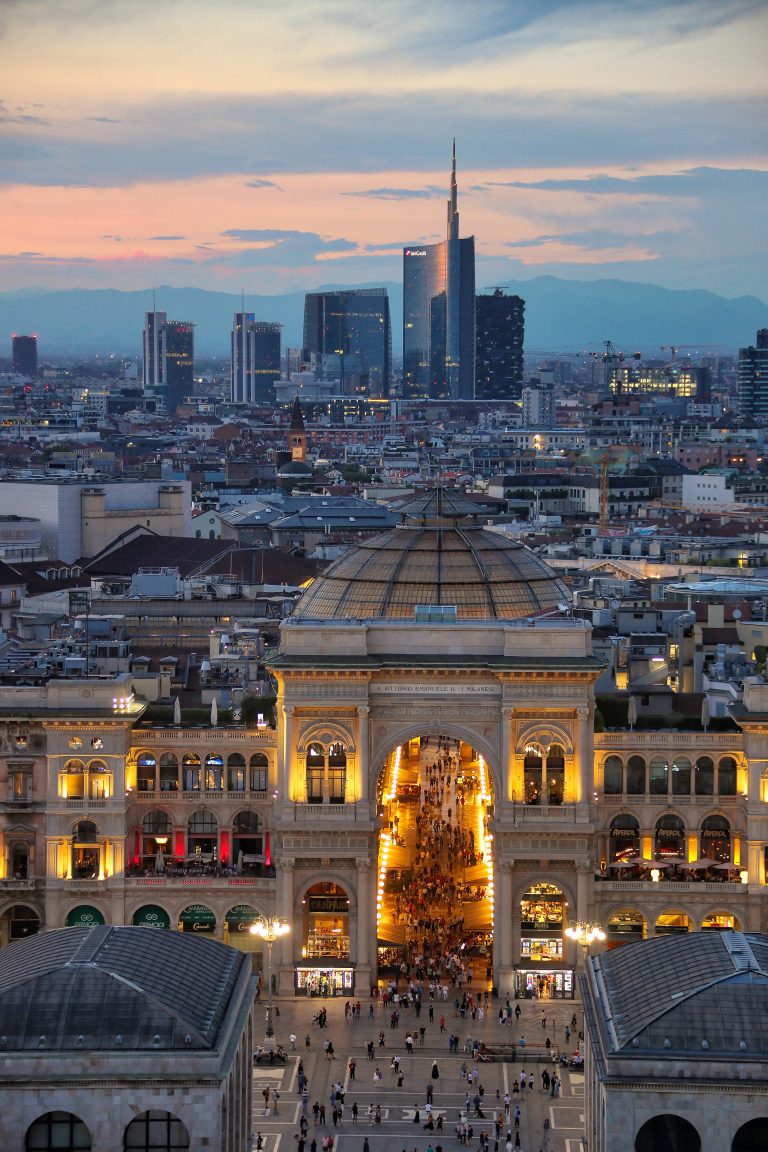 Milan Lombardy Italy 6.22.2019 Aerial view of Milan taken from Terrazza Martini. In the foreground the Duomo, the piazza del Duomo and the skyscrapers of Porta Nuova district.